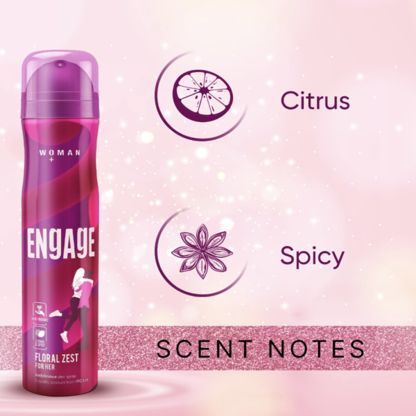 Engage Floral Zest Deodorant Spray for Women 150ml | Citrus & Floral | 24hr Freshness | Long Lasting | Skin Friendly | Dermat Tested | Deodorants Woman | Body Spray Women | Try Engage W2 Perfume Spray