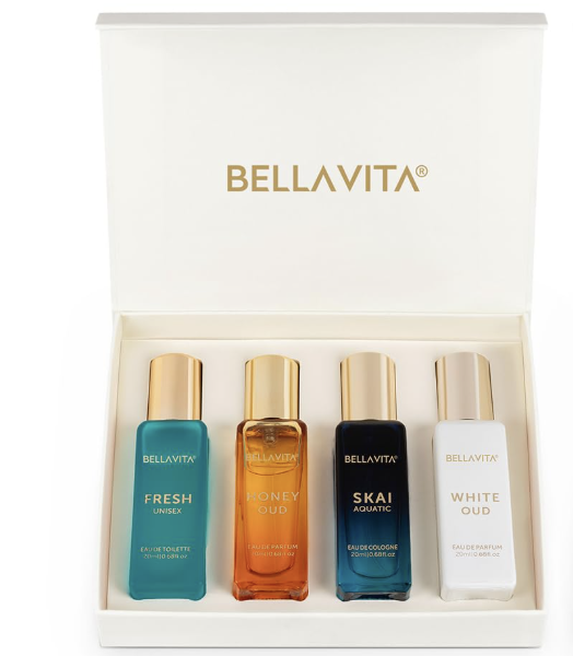 Bella Vita Luxury Long Lasting Unisex Perfume Gift Set|4x20ml |Perfume for Man & Woman|Woody, Aquatic, Sweet, Premium Fragrance Scent|SKAI, FRESH, WHITEOUD, HONEY OUD|Unisex Gifts
